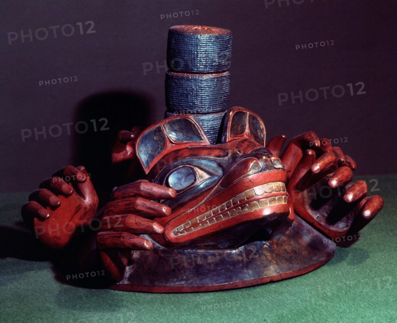 Wooden ceremonial hat with bears head and human hands