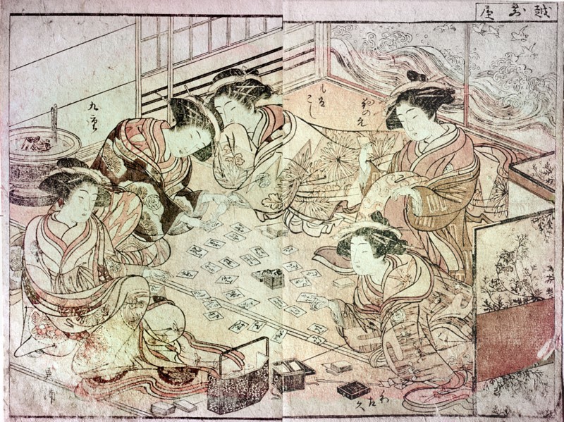 The courtesans Hananoe, Morokoshi, Wakoku, Wakonoe and Kotoura from the house of Echizen ya in winter clothing playing cards