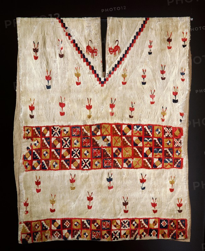 This Inca poncho, with interlocking designs, depicts plants and felines