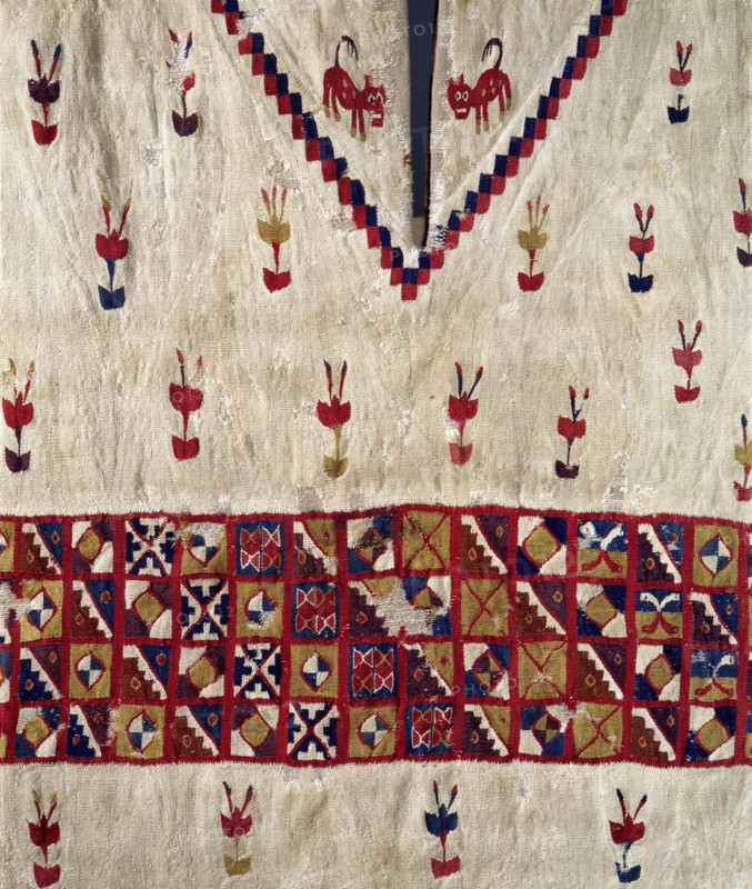 This Inca poncho, with interlocking designs, depicts plants and felines