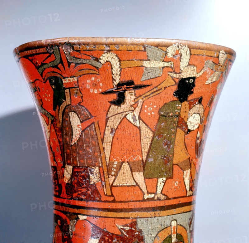 Ritual drinking vessel (kero), with Inca Spanish colonial decoration
