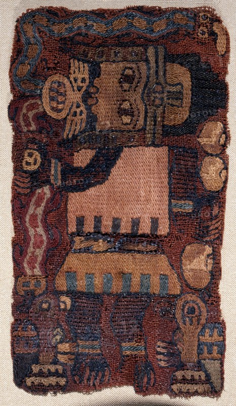 The oculate being in his human form, wearing a typically Paracas style golden diadem and holding a trophy headed snake