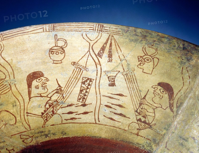 Detail of a painted design from a Mochica vessel showing two weavers using backstrap looms, an ancient technique still in use today throughout the Andean region