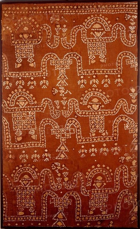 Chancay tie and dye textile thought to depict figures on balsa wood rafts