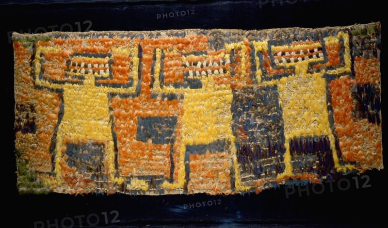 Featherwork banner, flag of part of a tabbard depicting stylised deities