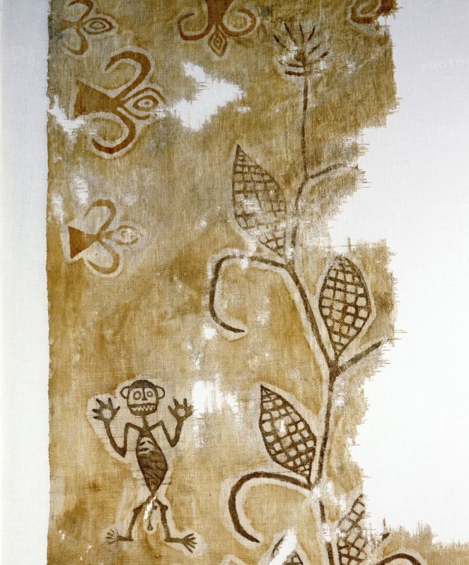 A textile with birds, plants and human forms