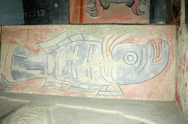 Polychrome mural depicting a fish creature, one of several animal murals which were used as decoration at the main temple of Cerro Sechin