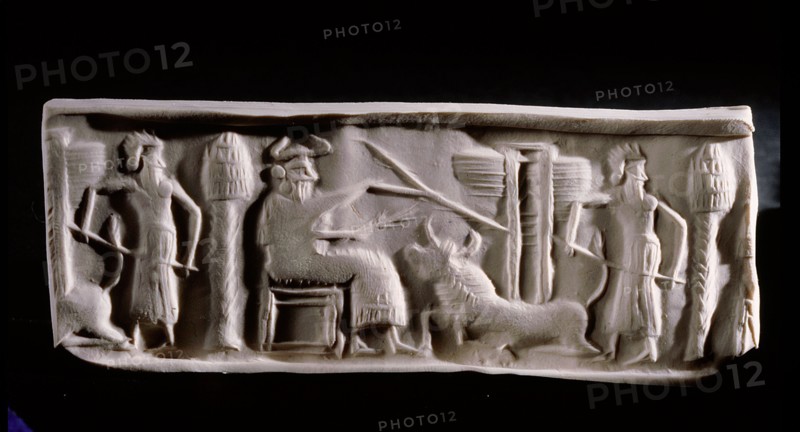 Modern impression of an Akkadian cylinder seal inscribed with a scene of a seated deity wearing horned headdress, with attendant and a recumbent bull supporting a winged gate