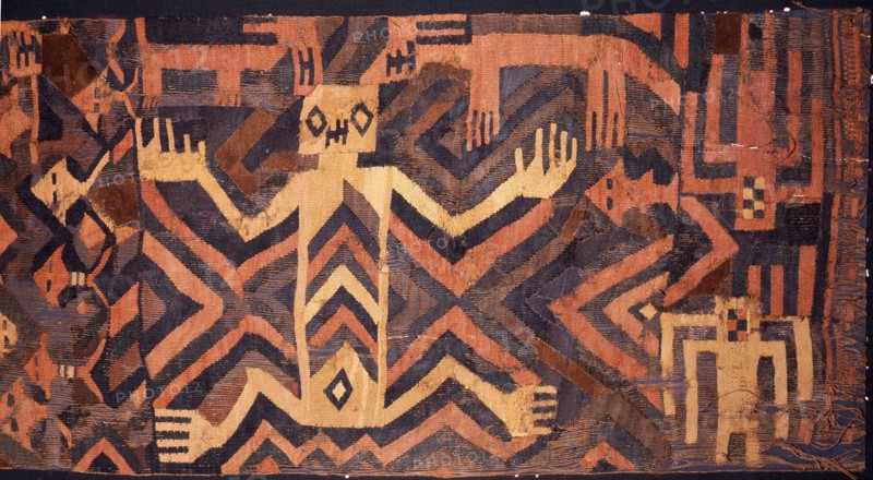 Textile with geometric and stylised humans design, possibly used during ceremonial processions