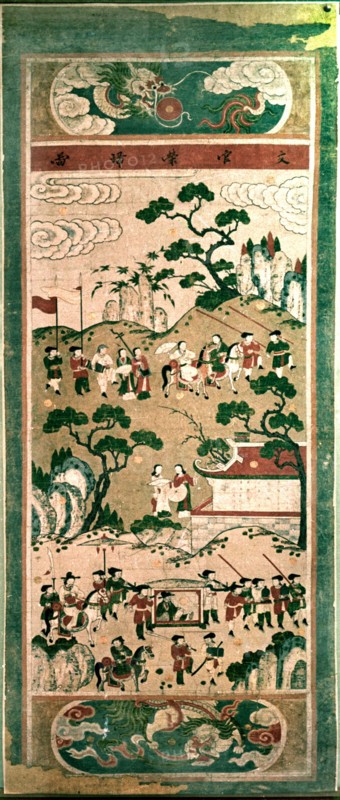A painted scroll in the Chinese style depicting  the Festive Return of the Civil Servant