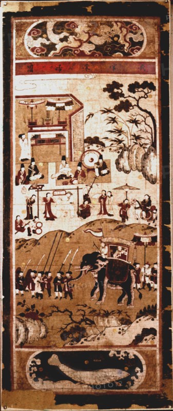 A painted scroll in the Chinese style depicting  the Festive Return of the Civil Servant