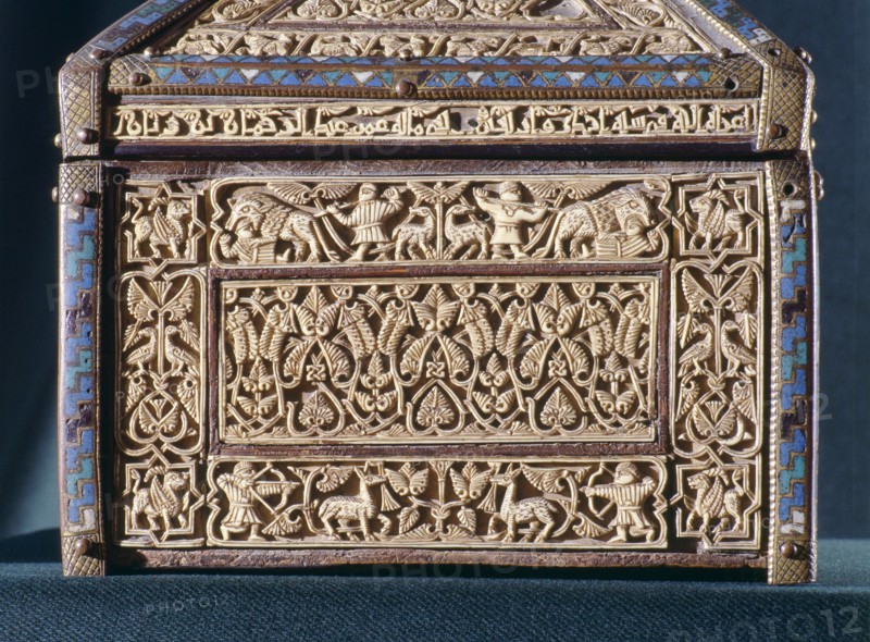 Detail of a casket of wood with gilded leather and ivory plaques