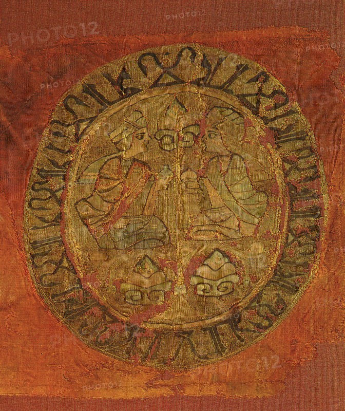A detail of a silk hanging from the tomb of Bishop Gurb in the Cathedral of Barcelona