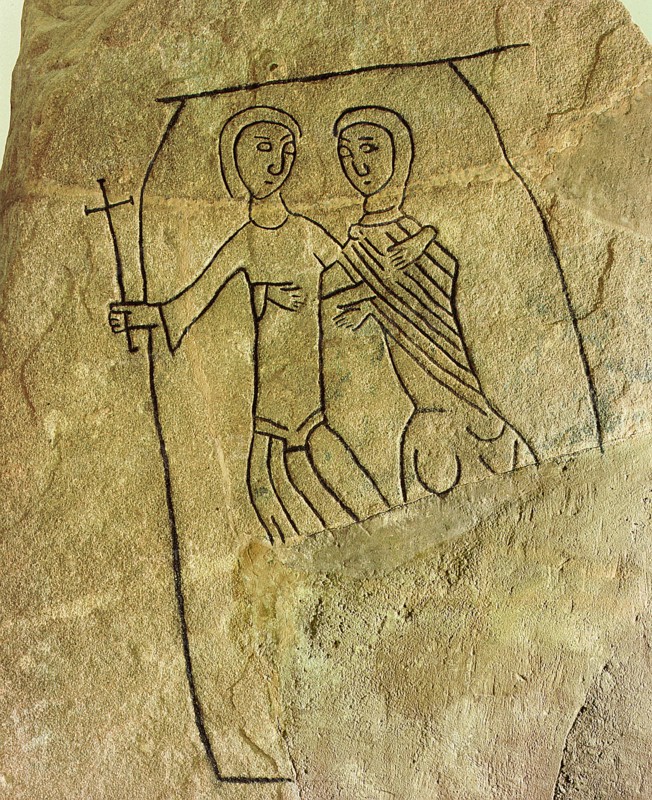 Stele from the early Christian period, inscribed with an image of a couple thought to be stepping through the gates of paradise