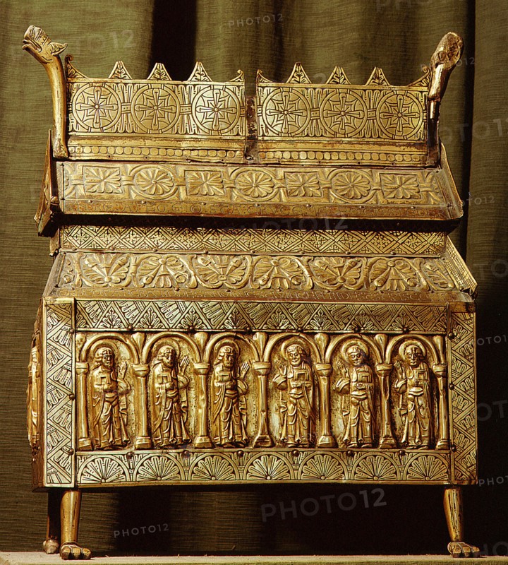Reliquary shrine with incised decoration and repousse panels depicting saints from Eriksbergs Church, Vastergotland