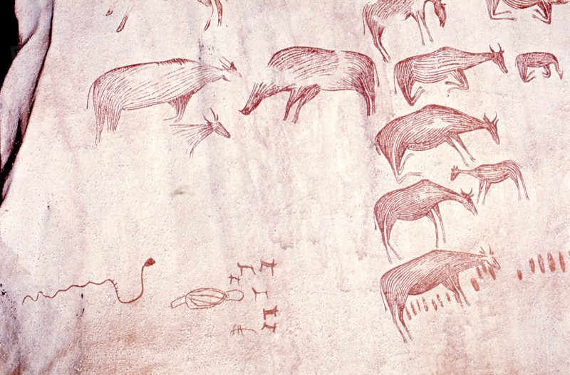 Rock painting from Tanzania, produced since the Later Stone Age, probably by the ancestors of Sandawe hunter gatherers still living in the region