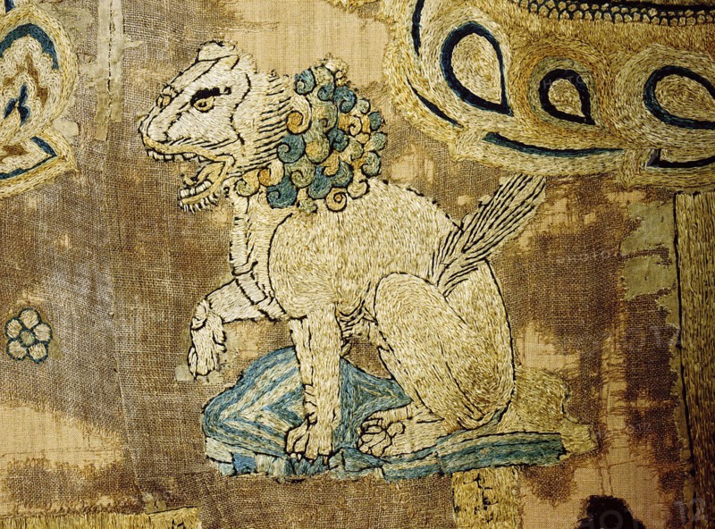 Detail of an embroidered silk banner of the Buddha Sakyamuni preaching on Vulture Peak