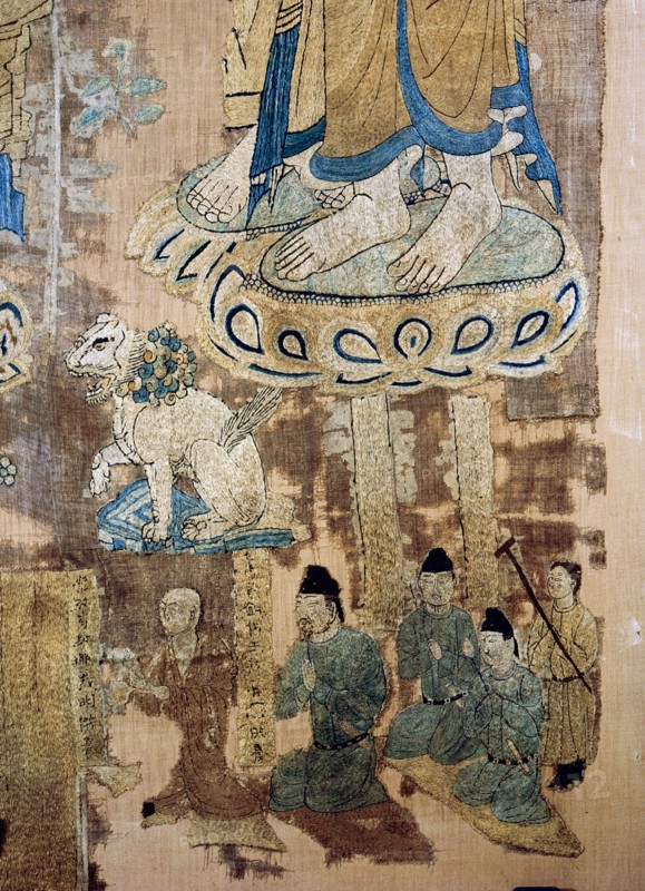 Detail of an embroidered silk banner of the Buddha Sakyamuni preaching on Vulture Peak