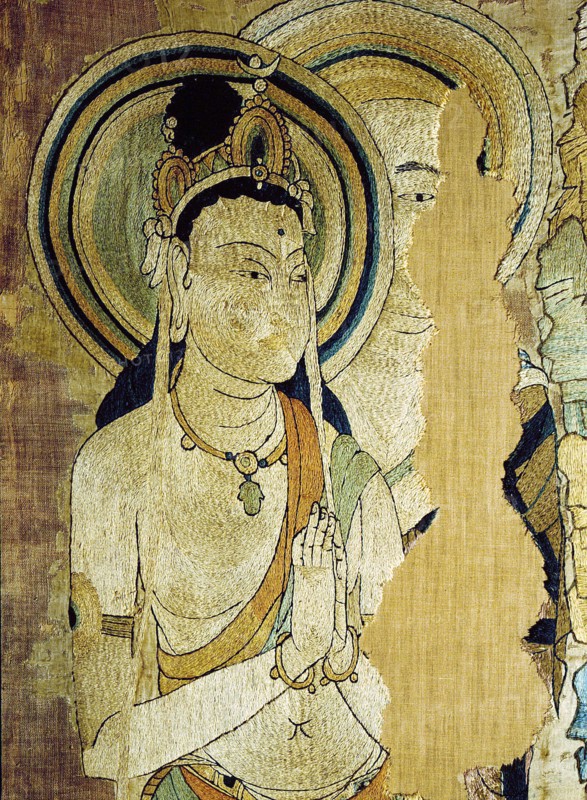 Detail of an embroidered silk banner of the Buddha Sakyamuni preaching on Vulture Peak