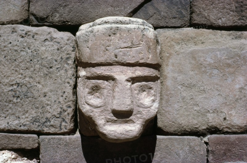 A tenoned head sculpture embedded in the interior wall of the Semi subterranean Temple