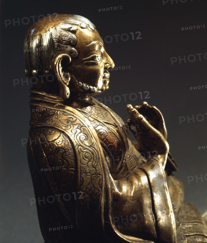 A statue in the form of a portrait of a deified teacher (lama), possibly Taklung Lama Thangpa Chenpo (1142 1210), who was the first abbot of the Taklung monastery of the Kagyu order