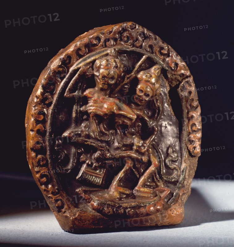 Clay plaque of dancing skeletons known as Cittapitri