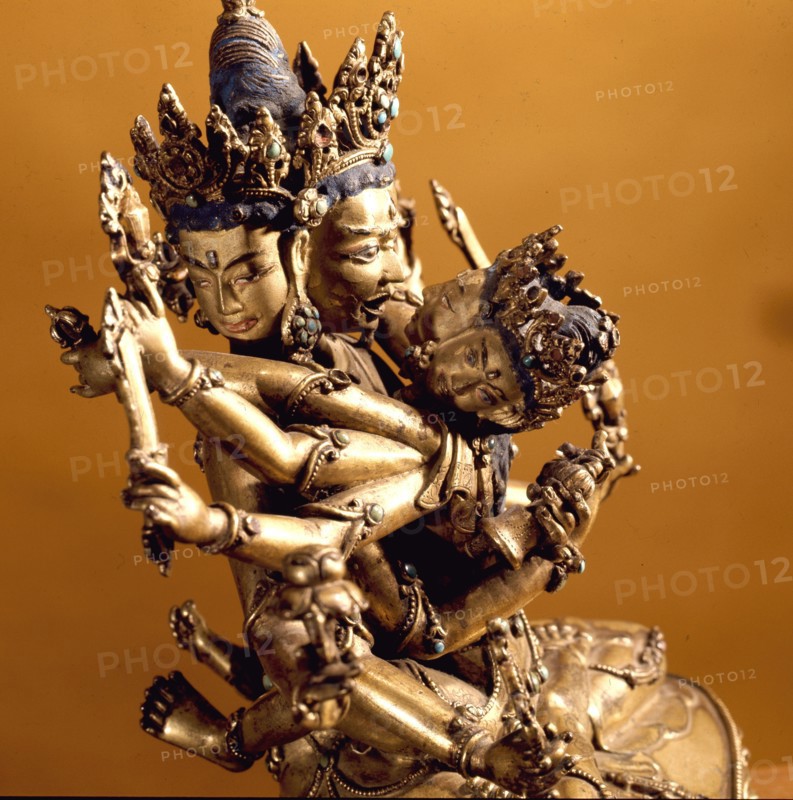A yab yum icon of Yi dam in Sang dui form with his prajna, the Tibetan Sakti