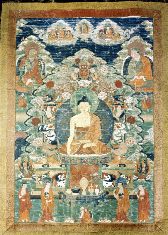 Thang Ka (sacred temple banner), used as an aid for meditation, with depiction of Buddha in the middle