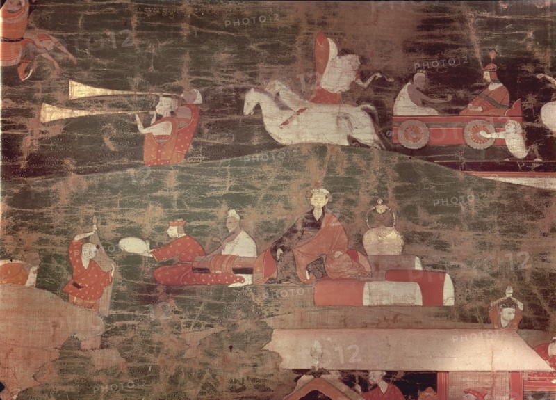 Detail from a Thangka with scenes from the legendary life of Buddha