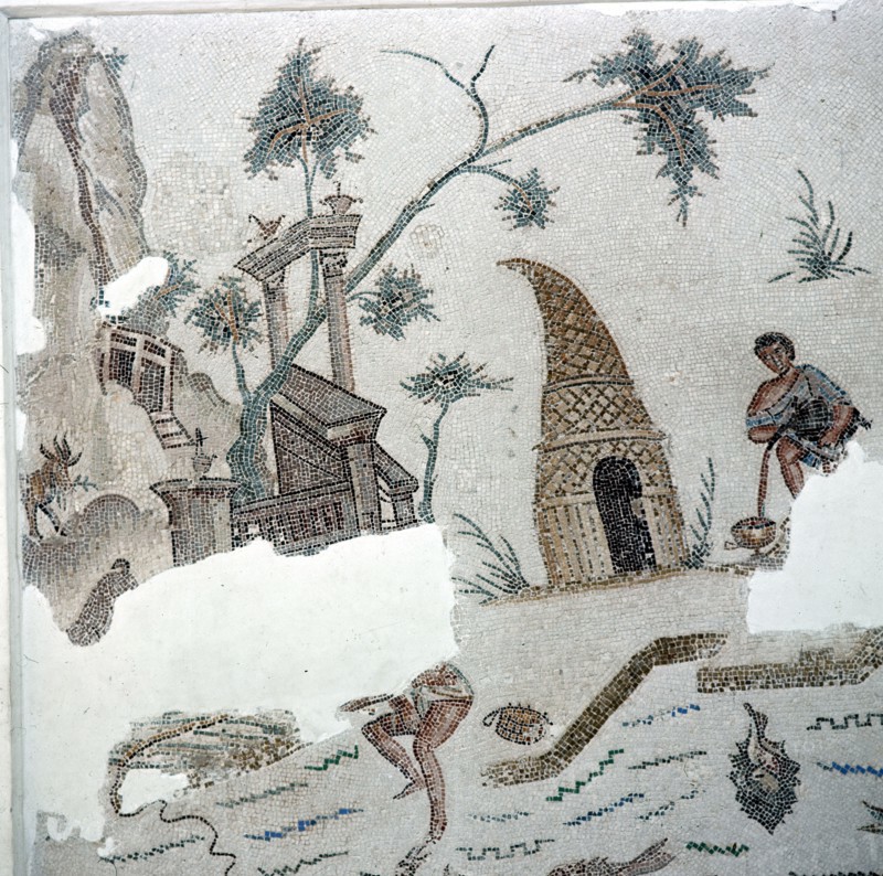Part of a mosaic pavement depicting fishing in a large lake full of many kinds of fish: on the banks an African hut, together with fragments of classical architecture