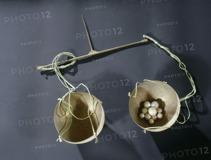 Brass scales used for weighing pearls at the al Fardan jewellers