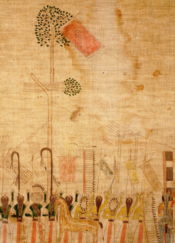 A cloth painting depicting a parade, a Sun Dance ceremony and scenes from daily life