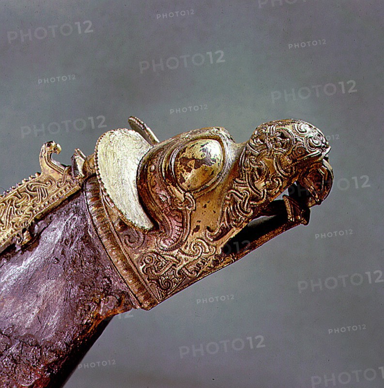 Detail of the  dragon head  terminal on the Sollested horse collar