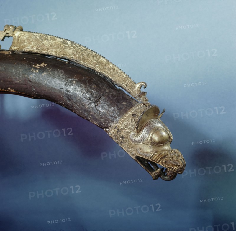 Detail of the dragon headed terminal on the Sollested horse collar