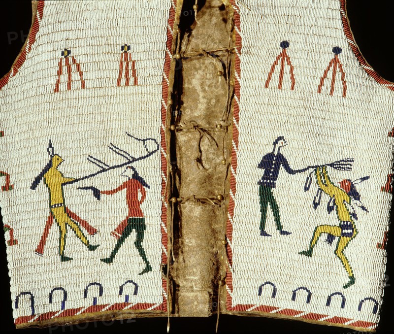 Beadwork decoration on a sleeveless jacket showing fighting between Indians and white men