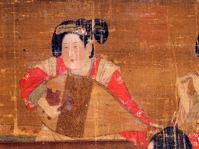 Detail of an anonymous painting Banquet and Concert which depicts elegant ladies of the Tang imperial court enjoying a feast and music