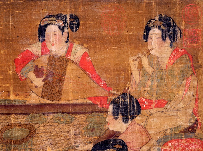 Detail of an anonymous painting Banquet and Concert which depicts elegant ladies of the Tang imperial court enjoying a feast and music