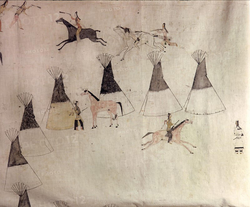 Hide painting depicting a horse stealing raid