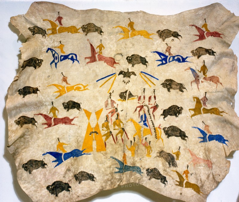 Hide painting depicting a buffalo dance after the hunt