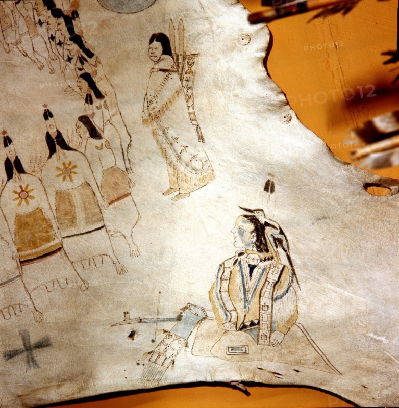 Hide painting with a representation of the Sun Dance which served to thank the sun for past favours and to request renewed protection (detail)