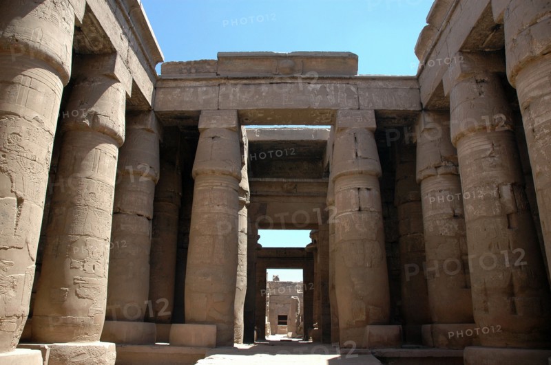 Interior view of the colonnaded court of the 9th Pylon, built by the pharaoh Horemheb, within which are blocks of masonry recycled from the Temple of Aten which he demolished