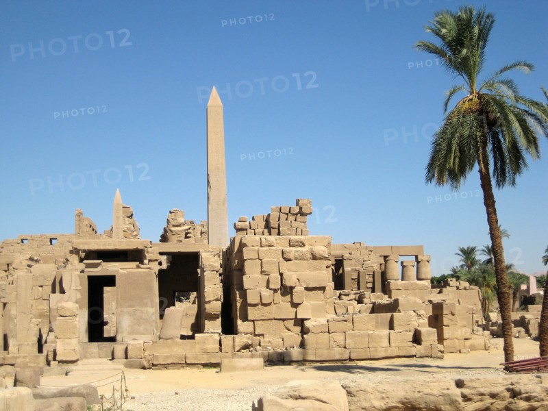 View from the Sanctuary towards the Great Hypostyle Hall with Queen Hatshepsut's obelisk in the middle distance and Tuthmosis II's obelisk in the background