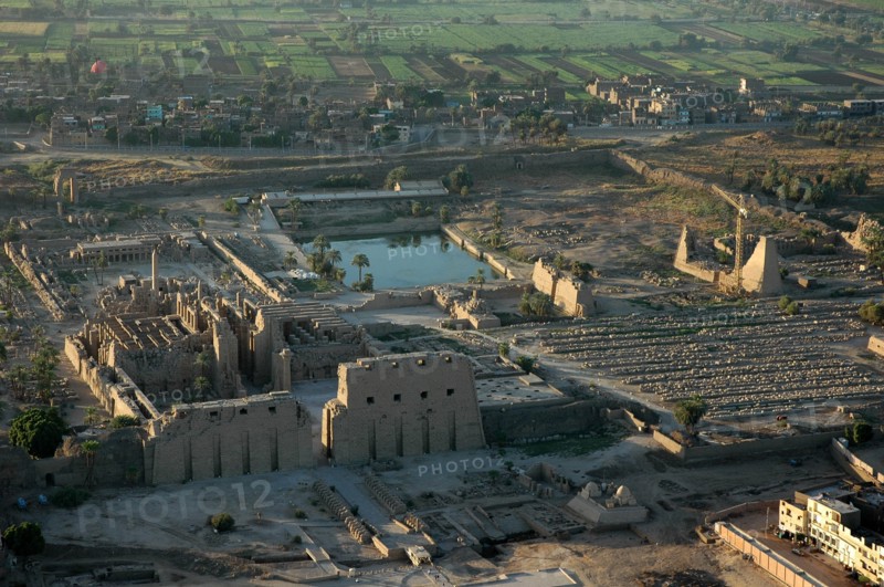 Aerial view of Karnak showing the 1st Pylon and the Great Hypostyle Hall in the foreground, the sacred lake in the background and the 8th and 9th Pylons to the right