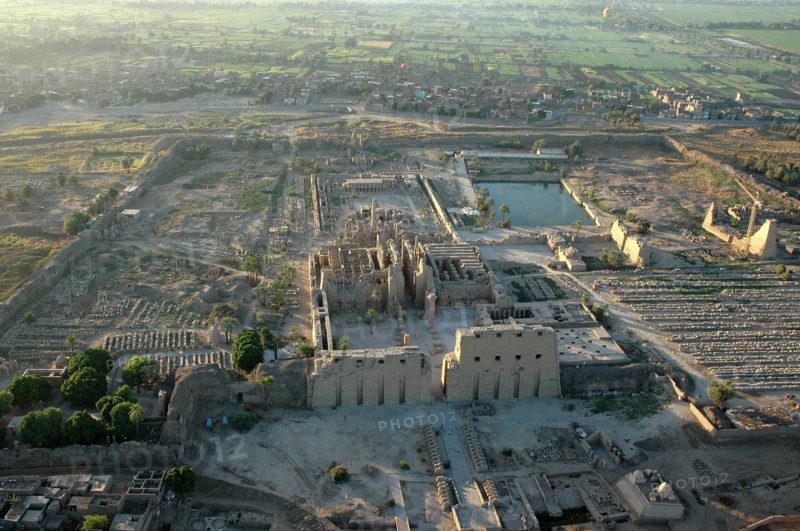 Aerial view of Karnak showing the 1st Pylon and the Great Hypostyle Hall in the foreground, the sacred lake in the background and the 8th and 9th Pylons to the right
