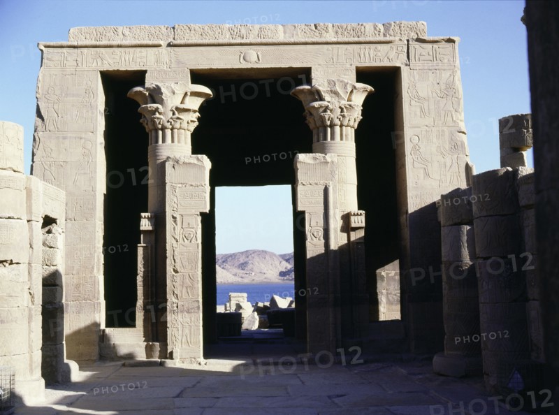 View of the entrance to the temple of Hathor on the island of Philae