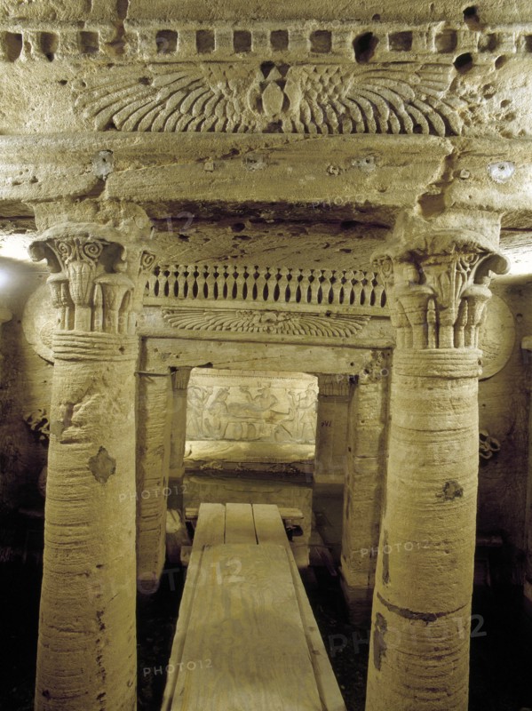 The extensive complex of burial chambers at Kom el-Shuqafa, combining Greek and Egyptian design elements