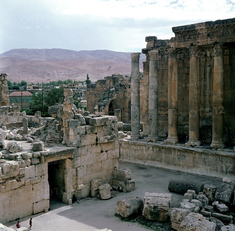 A view towards the temple precinct of Baalbek, the ancient Heliopolis which rose to prominence during the later Hellenistic and Roman period