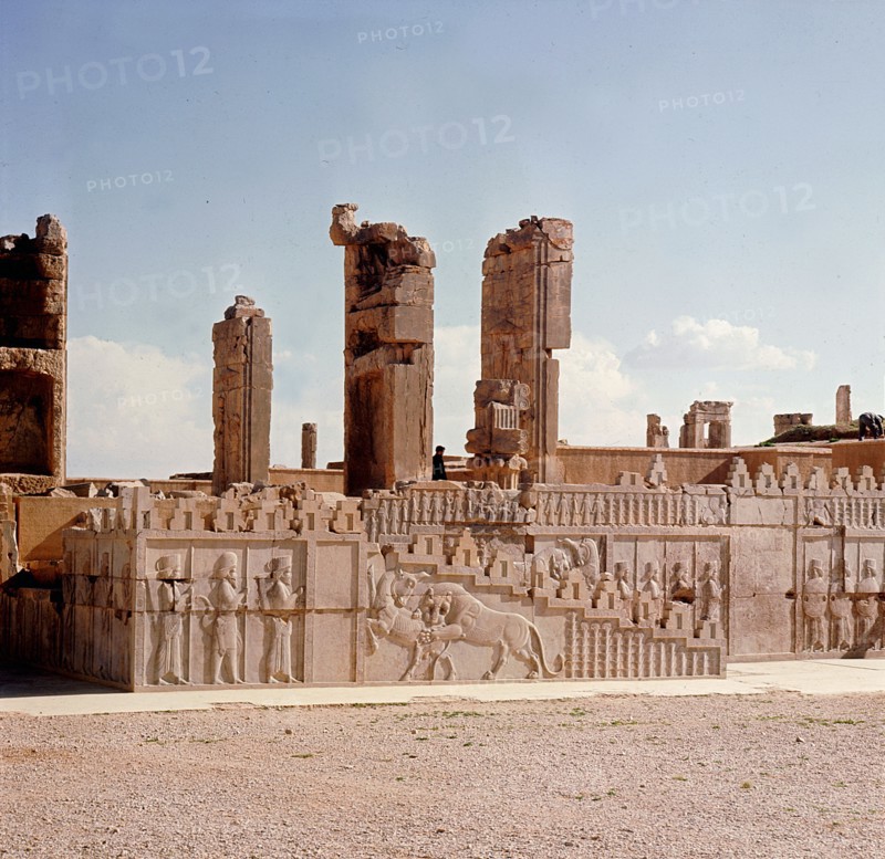 A detail of a relief carving on the staircase leading to the Tripylon at Persepolis, depicting a lion attacking a bull