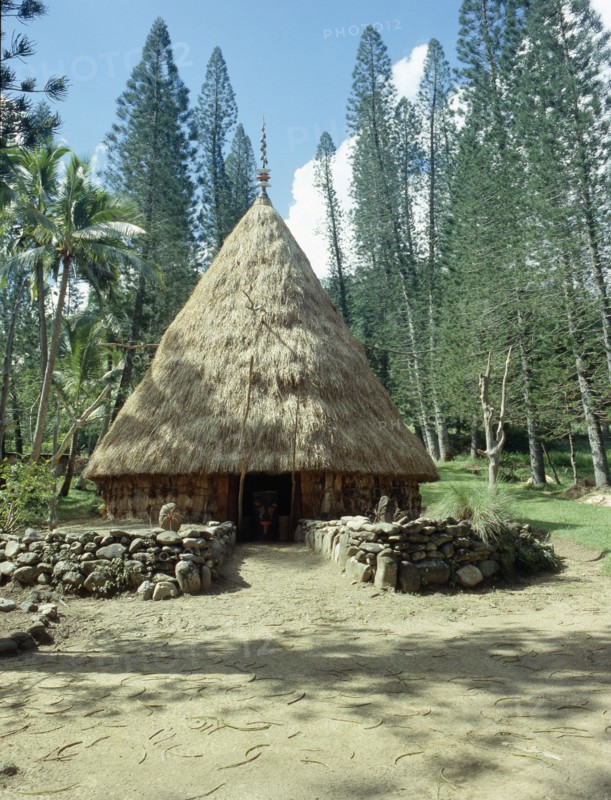 A circle of tall trees surrounds a meeting house on New Caledonia