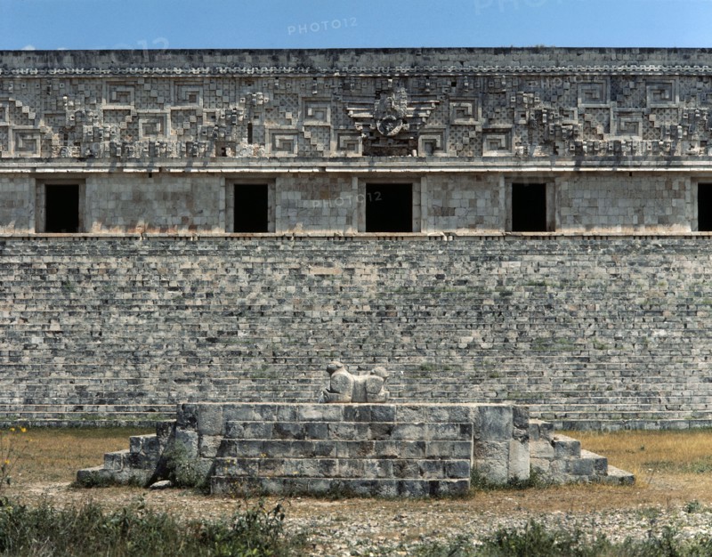 The Palace of the Governor at Uxmal with the Jaguar Throne in the foreground